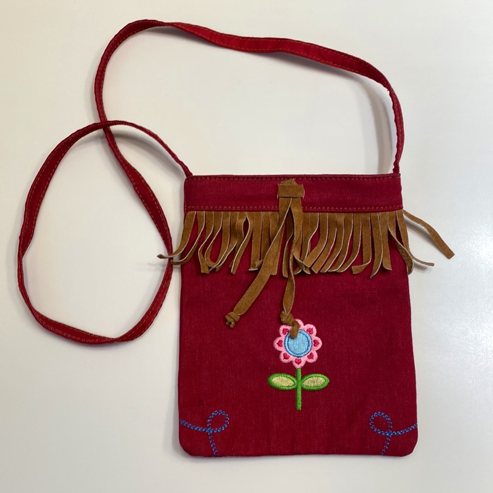 Small Red Denim w/ Suede Fringe & Embroidered Flower Crossbody Bag Boho NWOT